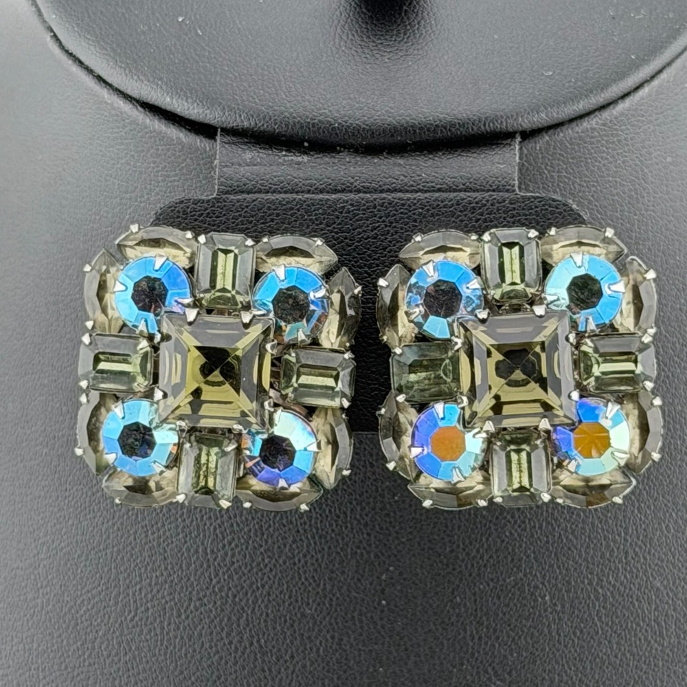 Judy Lee Vintage Clip On Earrings Olive Green AB Rhinestone Cluster Silver Tone